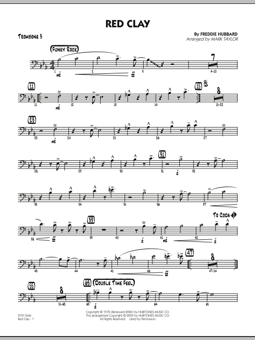 Learn to play Mark Taylor Red Clay - Trombone 3 sheet music for Jazz Ensemble in minutes. Mark Taylor Red Clay - Trombone 3 sheet music preview music notes and score for Jazz Ensemble including 2 page(s)