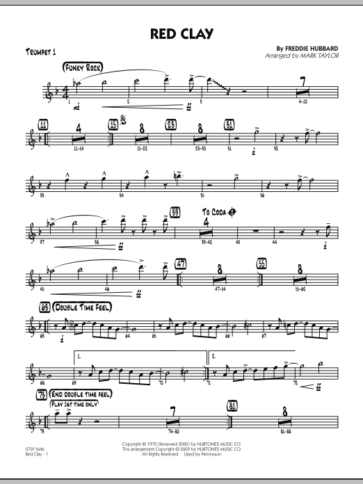 Learn to play Mark Taylor Red Clay - Trumpet 1 sheet music for Jazz Ensemble in minutes. Mark Taylor Red Clay - Trumpet 1 sheet music preview music notes and score for Jazz Ensemble including 2 page(s)