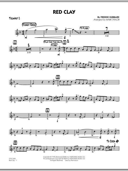 Learn to play Mark Taylor Red Clay - Trumpet 2 sheet music for Jazz Ensemble in minutes. Mark Taylor Red Clay - Trumpet 2 sheet music preview music notes and score for Jazz Ensemble including 3 page(s)