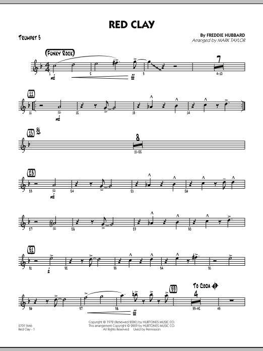 Learn to play Mark Taylor Red Clay - Trumpet 3 sheet music for Jazz Ensemble in minutes. Mark Taylor Red Clay - Trumpet 3 sheet music preview music notes and score for Jazz Ensemble including 3 page(s)