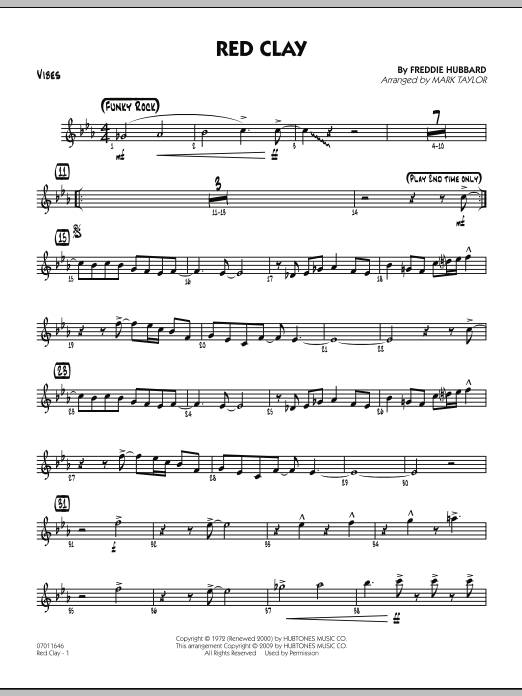 Learn to play Mark Taylor Red Clay - Vibes sheet music for Jazz Ensemble in minutes. Mark Taylor Red Clay - Vibes sheet music preview music notes and score for Jazz Ensemble including 3 page(s)