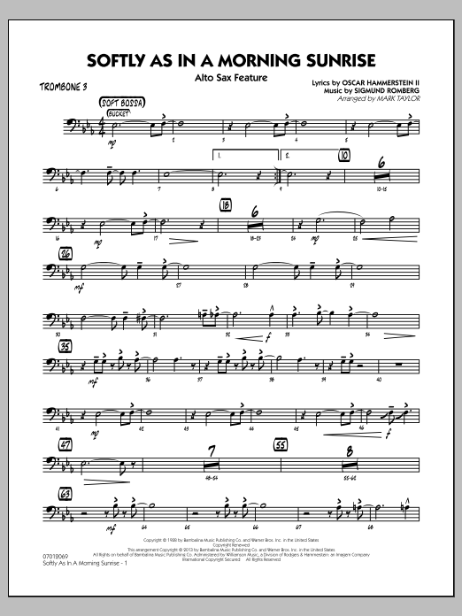 Learn to play Mark Taylor Softly as in a Morning Sunrise - Trombone 3 sheet music for Jazz Ensemble in minutes. Mark Taylor Softly as in a Morning Sunrise - Trombone 3 sheet music notes and chords