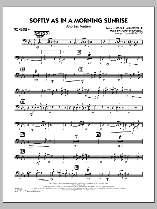 Learn to play Mark Taylor Softly as in a Morning Sunrise - Trombone 4 sheet music for Jazz Ensemble in minutes. Mark Taylor Softly as in a Morning Sunrise - Trombone 4 sheet music notes and chords