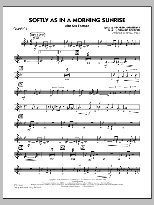 Learn to play Mark Taylor Softly as in a Morning Sunrise - Trumpet 4 sheet music for Jazz Ensemble in minutes. Mark Taylor Softly as in a Morning Sunrise - Trumpet 4 sheet music notes and chords