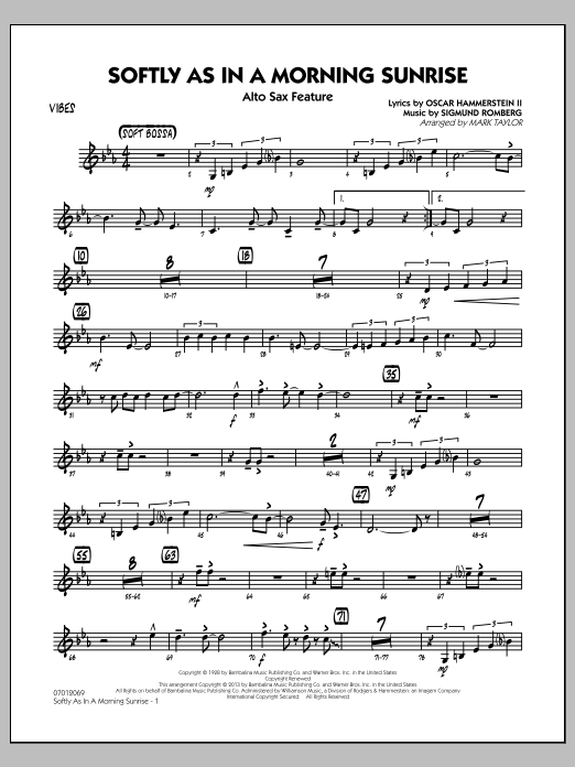 Learn to play Mark Taylor Softly as in a Morning Sunrise - Vibes sheet music for Jazz Ensemble in minutes. Mark Taylor Softly as in a Morning Sunrise - Vibes sheet music notes and chords
