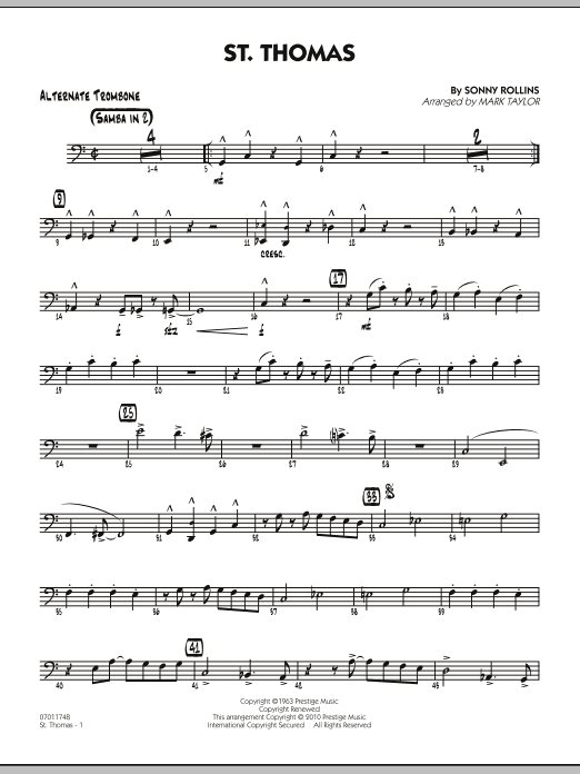 Learn to play Mark Taylor St. Thomas - Alternate Trombone sheet music for Jazz Ensemble in minutes. Mark Taylor St. Thomas - Alternate Trombone sheet music preview music notes and score for Jazz Ensemble including 2 page(s)