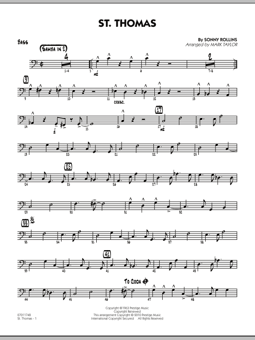 Learn to play Mark Taylor St. Thomas - Bass sheet music for Jazz Ensemble in minutes. Mark Taylor St. Thomas - Bass sheet music preview music notes and score for Jazz Ensemble including 2 page(s)