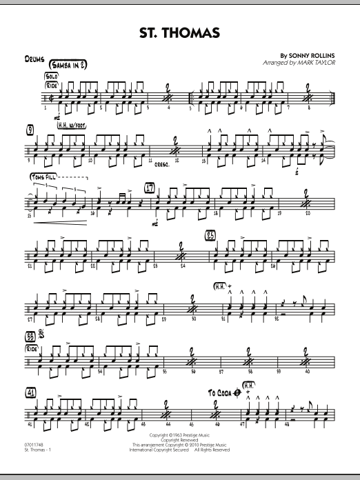 Learn to play Mark Taylor St. Thomas - Drums sheet music for Jazz Ensemble in minutes. Mark Taylor St. Thomas - Drums sheet music preview music notes and score for Jazz Ensemble including 2 page(s)