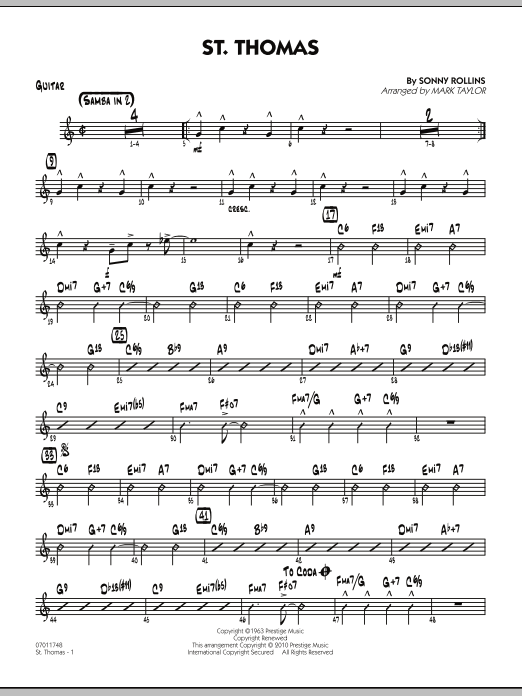 Learn to play Mark Taylor St. Thomas - Guitar sheet music for Jazz Ensemble in minutes. Mark Taylor St. Thomas - Guitar sheet music preview music notes and score for Jazz Ensemble including 2 page(s)