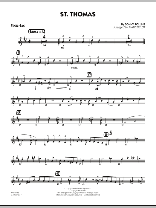 Learn to play Mark Taylor St. Thomas - Tenor Sax sheet music for Jazz Ensemble in minutes. Mark Taylor St. Thomas - Tenor Sax sheet music preview music notes and score for Jazz Ensemble including 2 page(s)