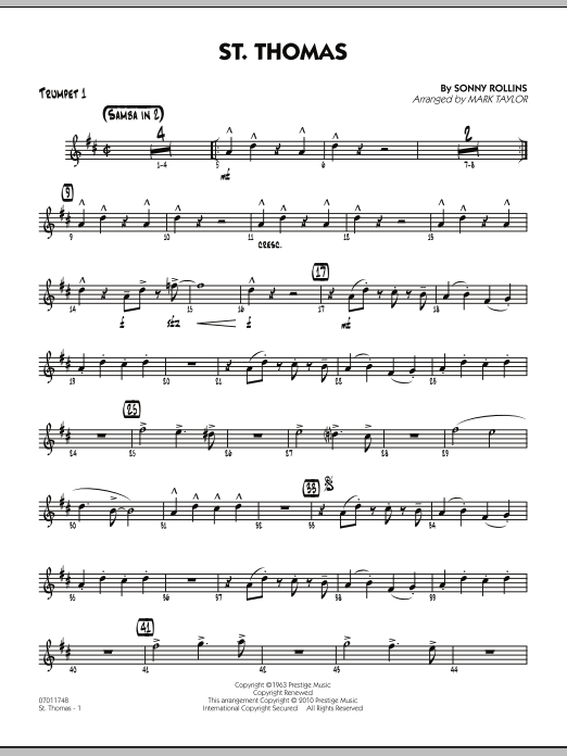 Learn to play Mark Taylor St. Thomas - Trumpet 1 sheet music for Jazz Ensemble in minutes. Mark Taylor St. Thomas - Trumpet 1 sheet music preview music notes and score for Jazz Ensemble including 2 page(s)