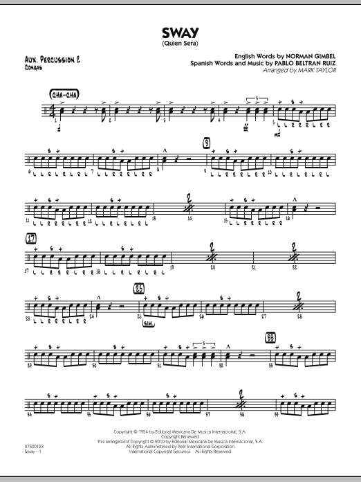 Learn to play Mark Taylor Sway (Quien Sera) - Aux. Percussion 2 sheet music for Jazz Ensemble in minutes. Mark Taylor Sway (Quien Sera) - Aux. Percussion 2 sheet music preview music notes and score for Jazz Ensemble including 2 page(s)