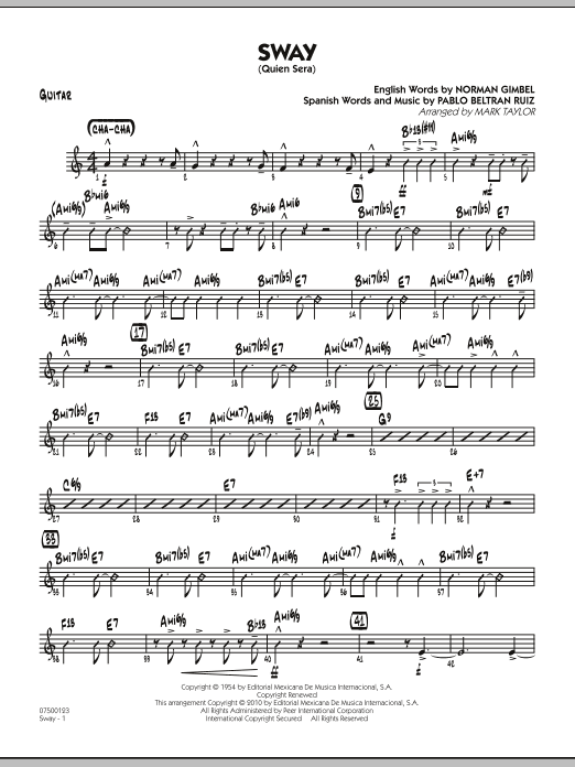 Learn to play Mark Taylor Sway (Quien Sera) - Guitar sheet music for Jazz Ensemble in minutes. Mark Taylor Sway (Quien Sera) - Guitar sheet music preview music notes and score for Jazz Ensemble including 2 page(s)