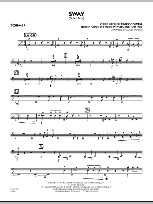 Learn to play Mark Taylor Sway (Quien Sera) - Trombone 4 sheet music for Jazz Ensemble in minutes. Mark Taylor Sway (Quien Sera) - Trombone 4 sheet music preview music notes and score for Jazz Ensemble including 2 page(s)