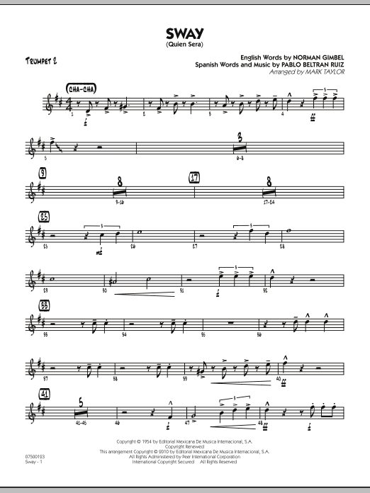 Learn to play Mark Taylor Sway (Quien Sera) - Trumpet 2 sheet music for Jazz Ensemble in minutes. Mark Taylor Sway (Quien Sera) - Trumpet 2 sheet music preview music notes and score for Jazz Ensemble including 2 page(s)