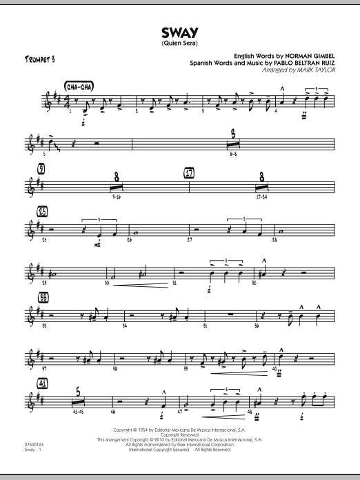 Learn to play Mark Taylor Sway (Quien Sera) - Trumpet 3 sheet music for Jazz Ensemble in minutes. Mark Taylor Sway (Quien Sera) - Trumpet 3 sheet music preview music notes and score for Jazz Ensemble including 2 page(s)