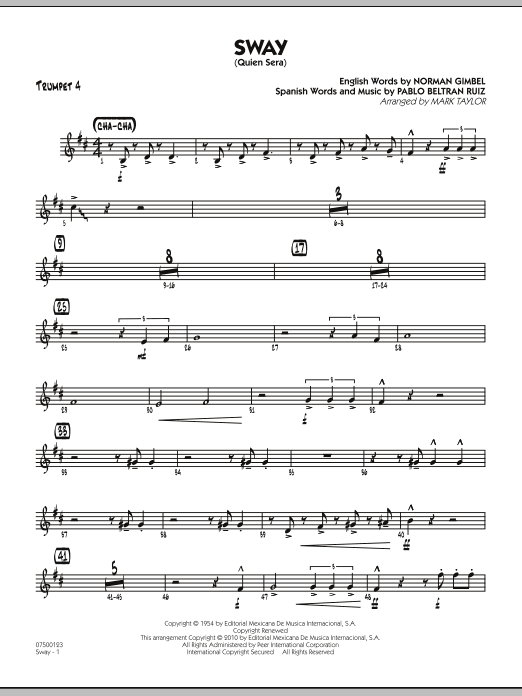 Learn to play Mark Taylor Sway (Quien Sera) - Trumpet 4 sheet music for Jazz Ensemble in minutes. Mark Taylor Sway (Quien Sera) - Trumpet 4 sheet music preview music notes and score for Jazz Ensemble including 2 page(s)