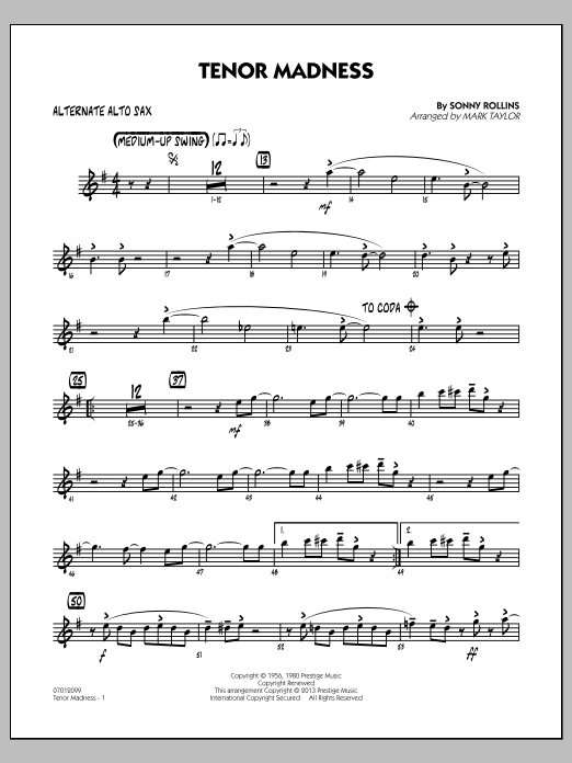 Learn to play Mark Taylor Tenor Madness - Alternate Alto Sax sheet music for Jazz Ensemble in minutes. Mark Taylor Tenor Madness - Alternate Alto Sax sheet music notes and chords