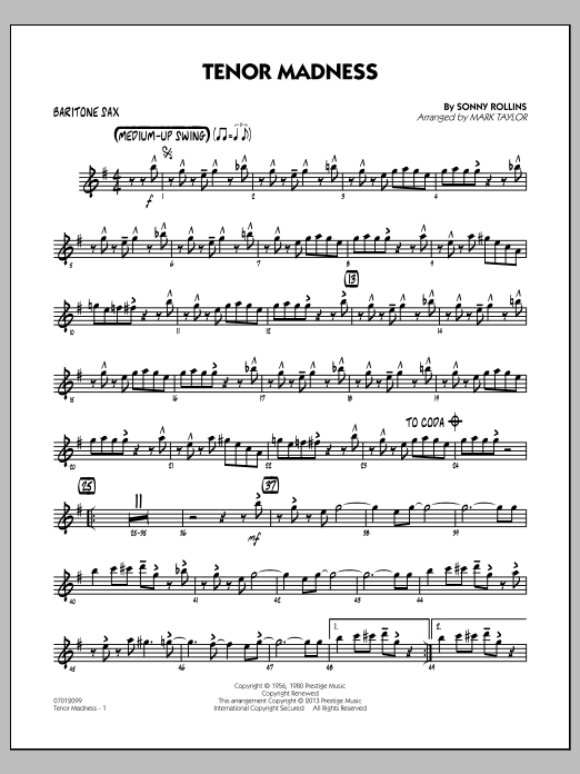 Learn to play Mark Taylor Tenor Madness - Baritone Sax sheet music for Jazz Ensemble in minutes. Mark Taylor Tenor Madness - Baritone Sax sheet music notes and chords