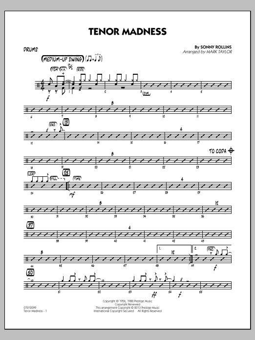 Learn to play Mark Taylor Tenor Madness - Drums sheet music for Jazz Ensemble in minutes. Mark Taylor Tenor Madness - Drums sheet music notes and chords