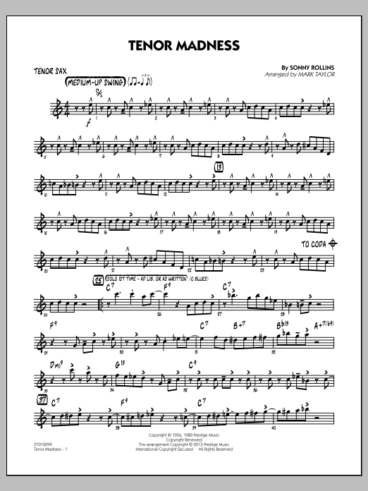 Learn to play Mark Taylor Tenor Madness - Tenor Sax sheet music for Jazz Ensemble in minutes. Mark Taylor Tenor Madness - Tenor Sax sheet music notes and chords