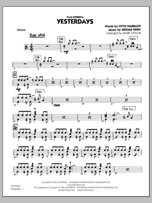 Learn to play Mark Taylor Yesterdays - Drums sheet music for Jazz Ensemble in minutes. Mark Taylor Yesterdays - Drums sheet music preview music notes and score for Jazz Ensemble including 27 page(s)