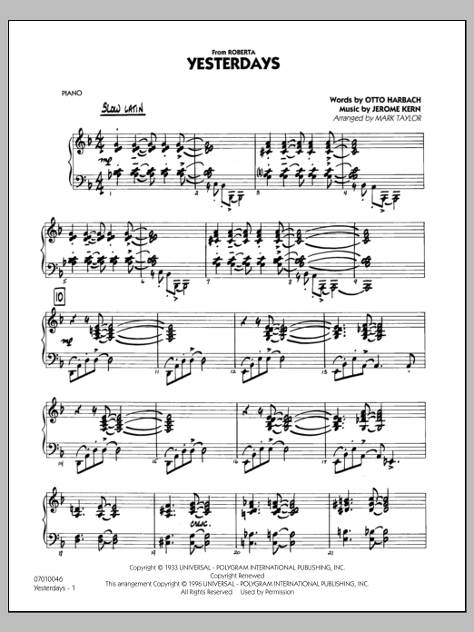 Learn to play Mark Taylor Yesterdays - Piano sheet music for Jazz Ensemble in minutes. Mark Taylor Yesterdays - Piano sheet music preview music notes and score for Jazz Ensemble including 27 page(s)
