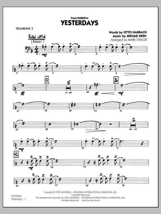 Learn to play Mark Taylor Yesterdays - Trombone 3 sheet music for Jazz Ensemble in minutes. Mark Taylor Yesterdays - Trombone 3 sheet music preview music notes and score for Jazz Ensemble including 27 page(s)
