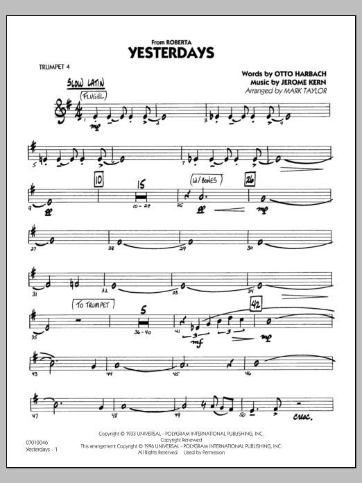 Learn to play Mark Taylor Yesterdays - Trumpet 4 sheet music for Jazz Ensemble in minutes. Mark Taylor Yesterdays - Trumpet 4 sheet music preview music notes and score for Jazz Ensemble including 27 page(s)