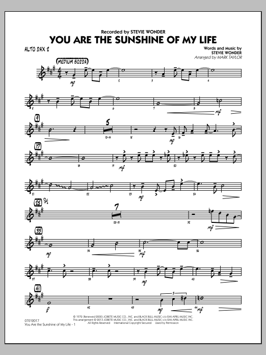 Learn to play Mark Taylor You Are the Sunshine of My Life (Key: C) - Alto Sax 2 sheet music for Jazz Ensemble in minutes. Mark Taylor You Are the Sunshine of My Life (Key: C) - Alto Sax 2 sheet music notes and chords