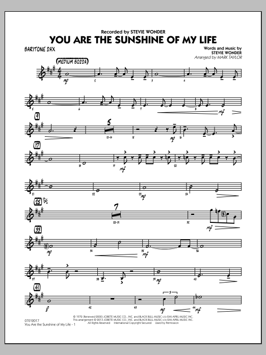 Learn to play Mark Taylor You Are the Sunshine of My Life (Key: C) - Baritone Sax sheet music for Jazz Ensemble in minutes. Mark Taylor You Are the Sunshine of My Life (Key: C) - Baritone Sax sheet music notes and chords