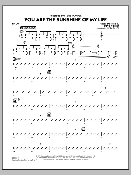 Learn to play Mark Taylor You Are the Sunshine of My Life (Key: C) - Drums sheet music for Jazz Ensemble in minutes. Mark Taylor You Are the Sunshine of My Life (Key: C) - Drums sheet music notes and chords
