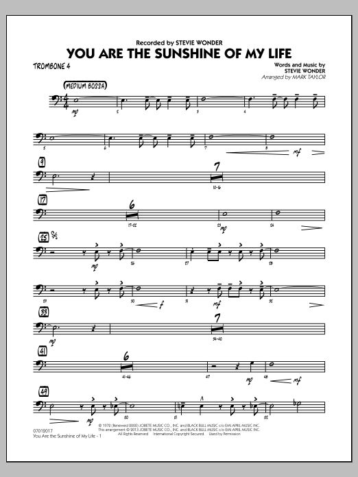 Learn to play Mark Taylor You Are the Sunshine of My Life (Key: C) - Trombone 4 sheet music for Jazz Ensemble in minutes. Mark Taylor You Are the Sunshine of My Life (Key: C) - Trombone 4 sheet music notes and chords