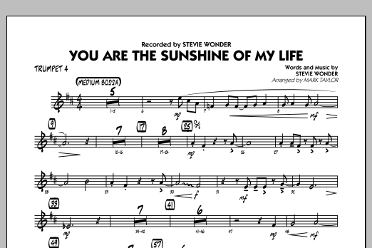 Learn to play Mark Taylor You Are the Sunshine of My Life (Key: C) - Trumpet 4 sheet music for Jazz Ensemble in minutes. Mark Taylor You Are the Sunshine of My Life (Key: C) - Trumpet 4 sheet music notes and chords