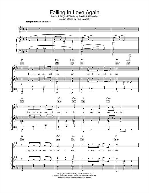 Learn to play Marlene Dietrich Falling In Love Again sheet music for Easy Piano in minutes. Marlene Dietrich Falling In Love Again sheet music notes and chords