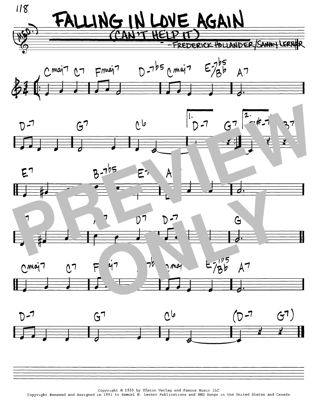 Marlene Dietrich Falling In Love Again (Can't Help It) sheet music preview music notes and score for Easy Piano including 3 page(s)