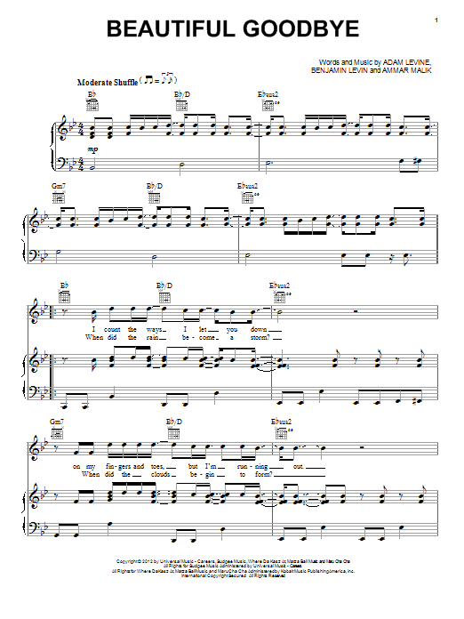 Learn to play Maroon 5 Beautiful Goodbye sheet music for Piano, Vocal & Guitar (Right-Hand Melody) in minutes. Maroon 5 Beautiful Goodbye sheet music preview music notes and score for Piano, Vocal & Guitar (Right-Hand Melody) including 6 page(s)