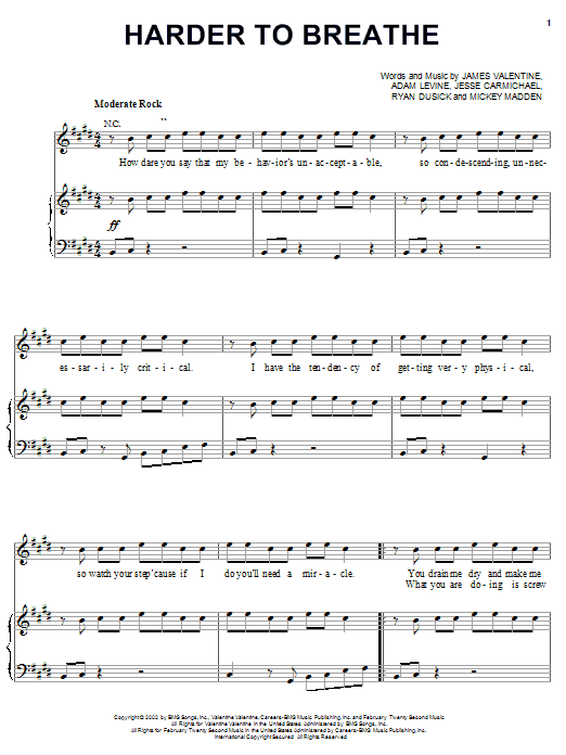 Maroon 5 Harder To Breathe sheet music preview music notes and score for Piano, Vocal & Guitar including 6 page(s)