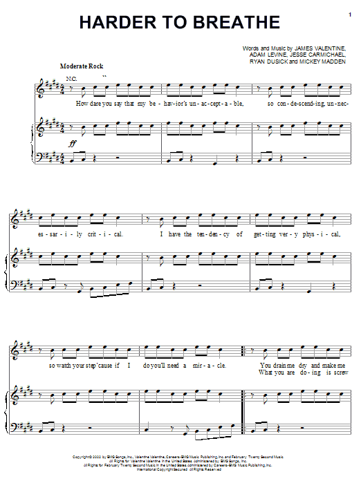 Learn to play Maroon 5 Harder To Breathe sheet music for Piano, Vocal & Guitar in minutes. Maroon 5 Harder To Breathe sheet music preview music notes and score for Piano, Vocal & Guitar including 6 page(s)