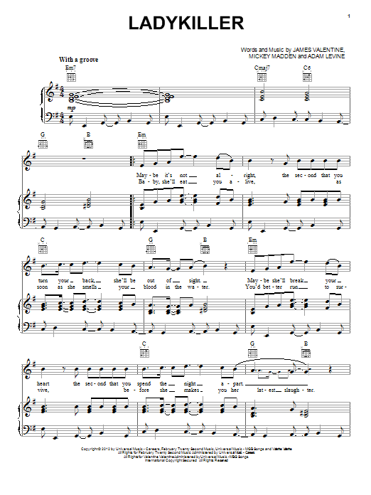 Learn to play Maroon 5 Ladykiller sheet music for Piano, Vocal & Guitar (Right-Hand Melody) in minutes. Maroon 5 Ladykiller sheet music preview music notes and score for Piano, Vocal & Guitar (Right-Hand Melody) including 4 page(s)
