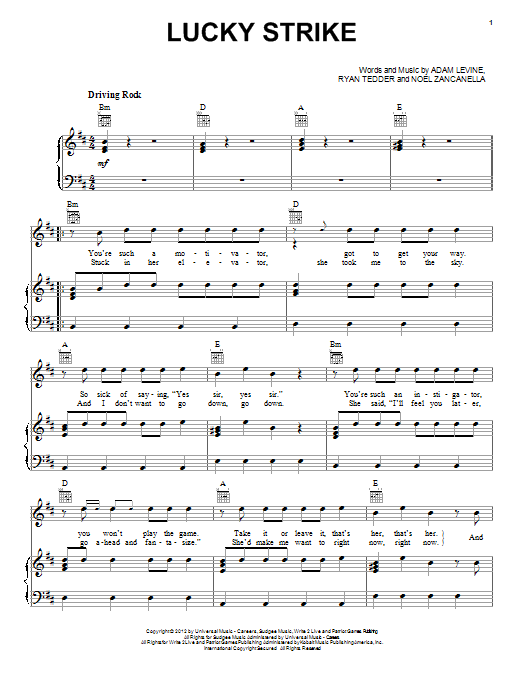 Learn to play Maroon 5 Lucky Strike sheet music for Piano, Vocal & Guitar (Right-Hand Melody) in minutes. Maroon 5 Lucky Strike sheet music preview music notes and score for Piano, Vocal & Guitar (Right-Hand Melody) including 5 page(s)