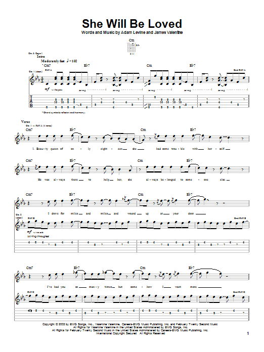 Maroon 5 She Will Be Loved sheet music preview music notes and score for Guitar Tab including 7 page(s)