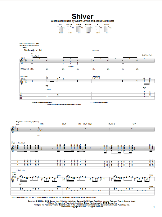Learn to play Maroon 5 Shiver sheet music for Guitar Tab in minutes. Maroon 5 Shiver sheet music preview music notes and score for Guitar Tab including 9 page(s)