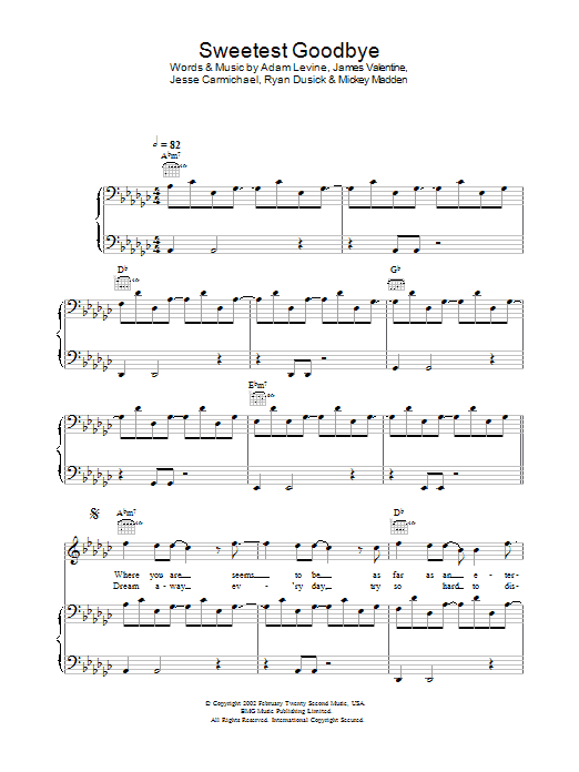 Learn to play Maroon 5 Sweetest Goodbye sheet music for Piano, Vocal & Guitar in minutes. Maroon 5 Sweetest Goodbye sheet music preview music notes and score for Piano, Vocal & Guitar including 7 page(s)