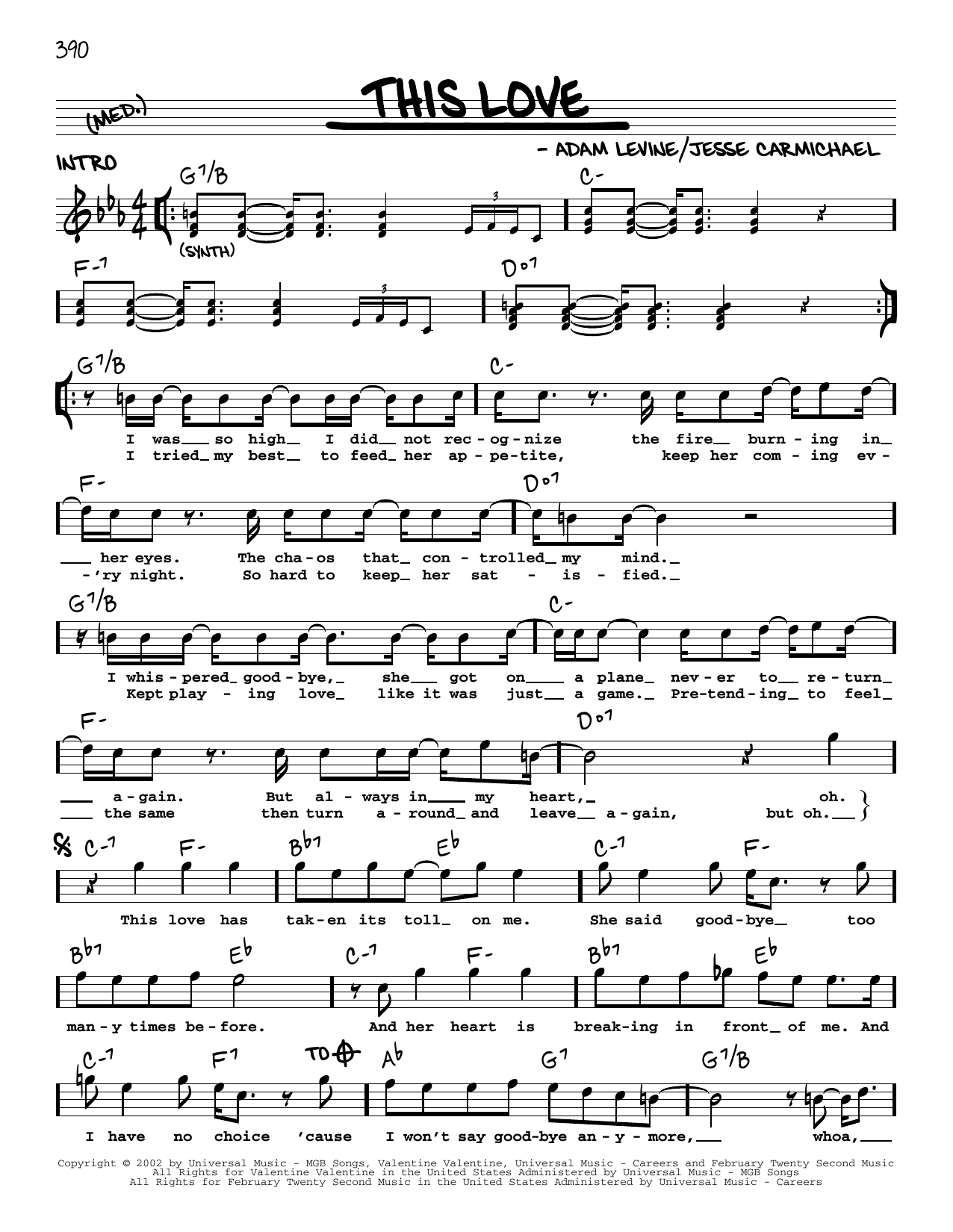 Maroon 5 This Love sheet music preview music notes and score for Piano, Vocal & Guitar (Right-Hand Melody) including 7 page(s)