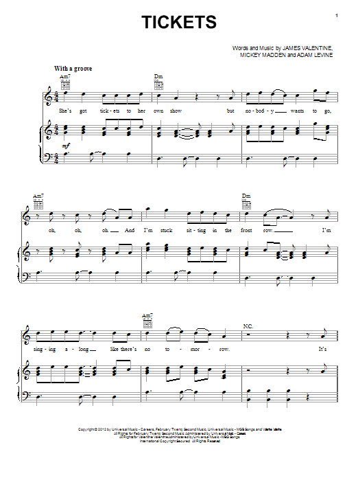 Learn to play Maroon 5 Tickets sheet music for Piano, Vocal & Guitar (Right-Hand Melody) in minutes. Maroon 5 Tickets sheet music preview music notes and score for Piano, Vocal & Guitar (Right-Hand Melody) including 6 page(s)