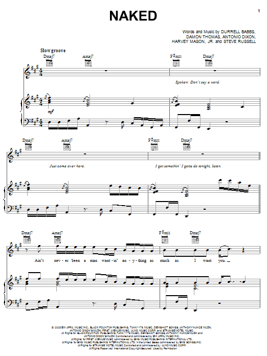 Marques Houston Naked sheet music, chords, lyrics - Printable PDF for Piano, Vocal & Guitar (Right-Hand Melody)