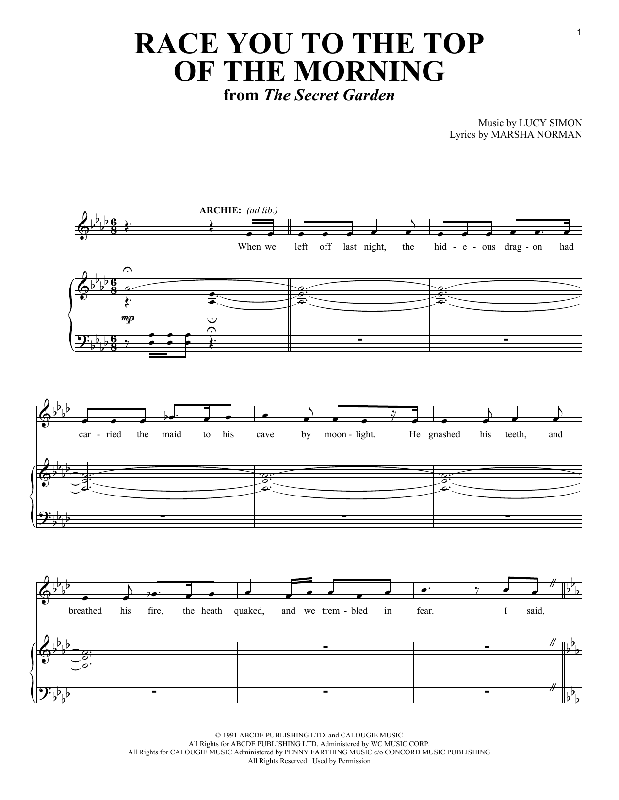 Marsha Norman & Lucy Simon Race You To The Top Of The Morning (from The Musical: The Secret Garden) sheet music, chords, lyrics - Printable PDF for Piano & Vocal