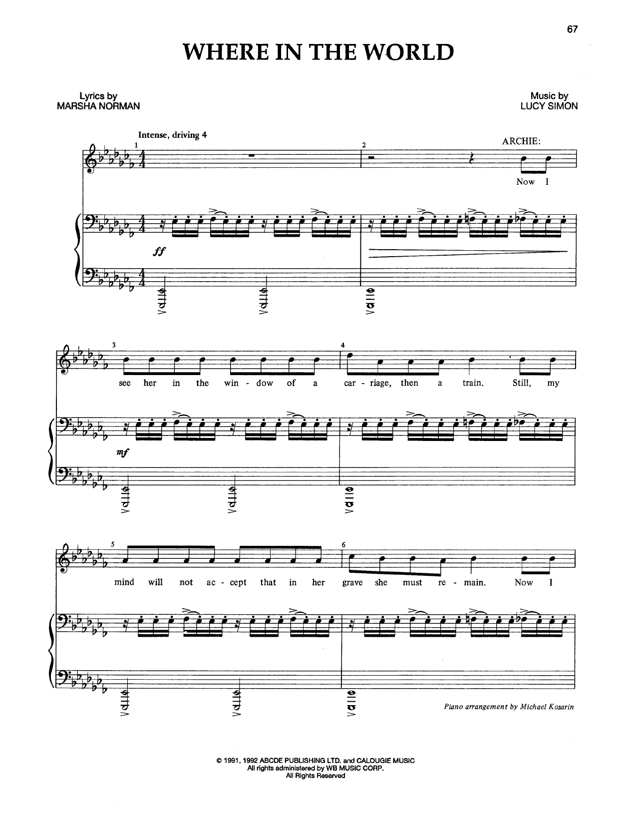 Marsha Norman & Lucy Simon Where In The World (from The Musical: The Secret Garden) sheet music, chords, lyrics - Printable PDF for Piano & Vocal