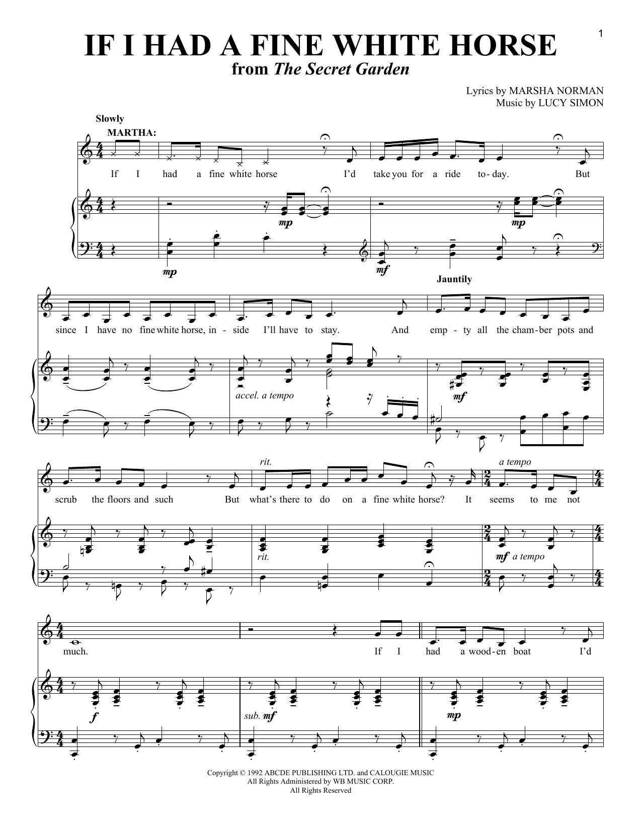 Marsha Norman If I Had A Fine White Horse sheet music, chords, lyrics - Printable PDF for Piano & Vocal